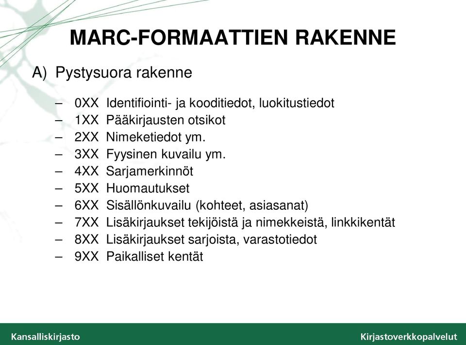 4XX Sarjamerkinnöt 5XX Huomautukset 6XX Sisällönkuvailu (kohteet, asiasanat) 7XX