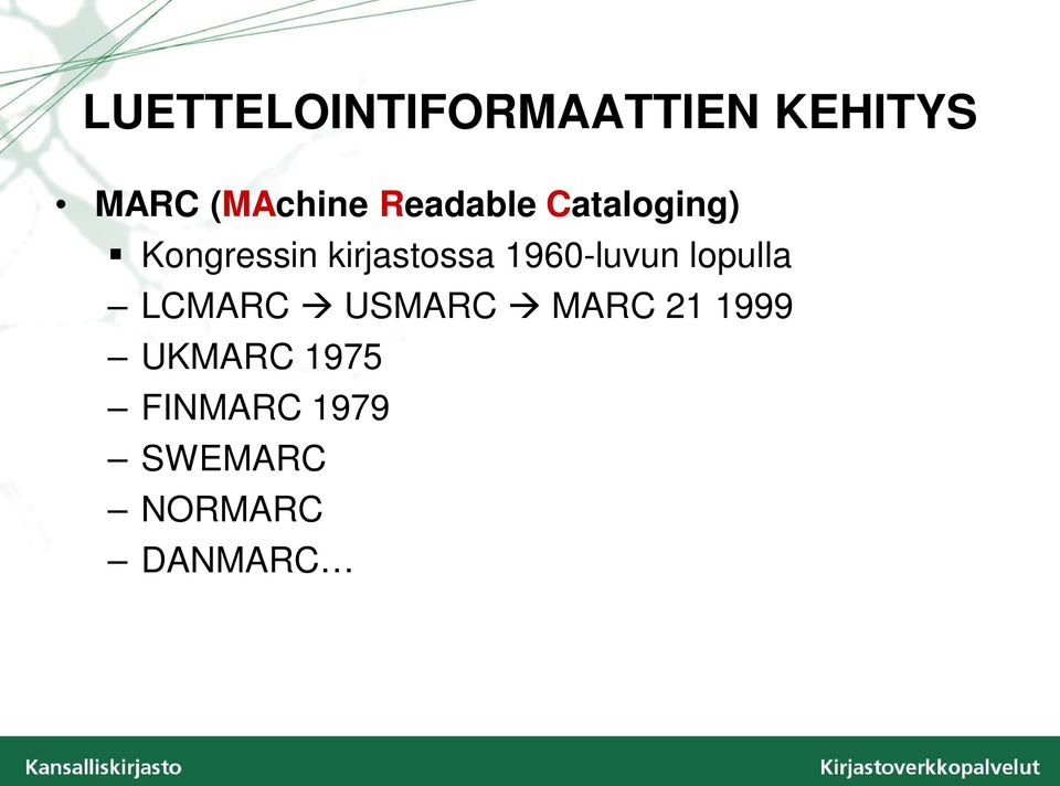 1960-luvun lopulla LCMARC USMARC MARC 21 1999