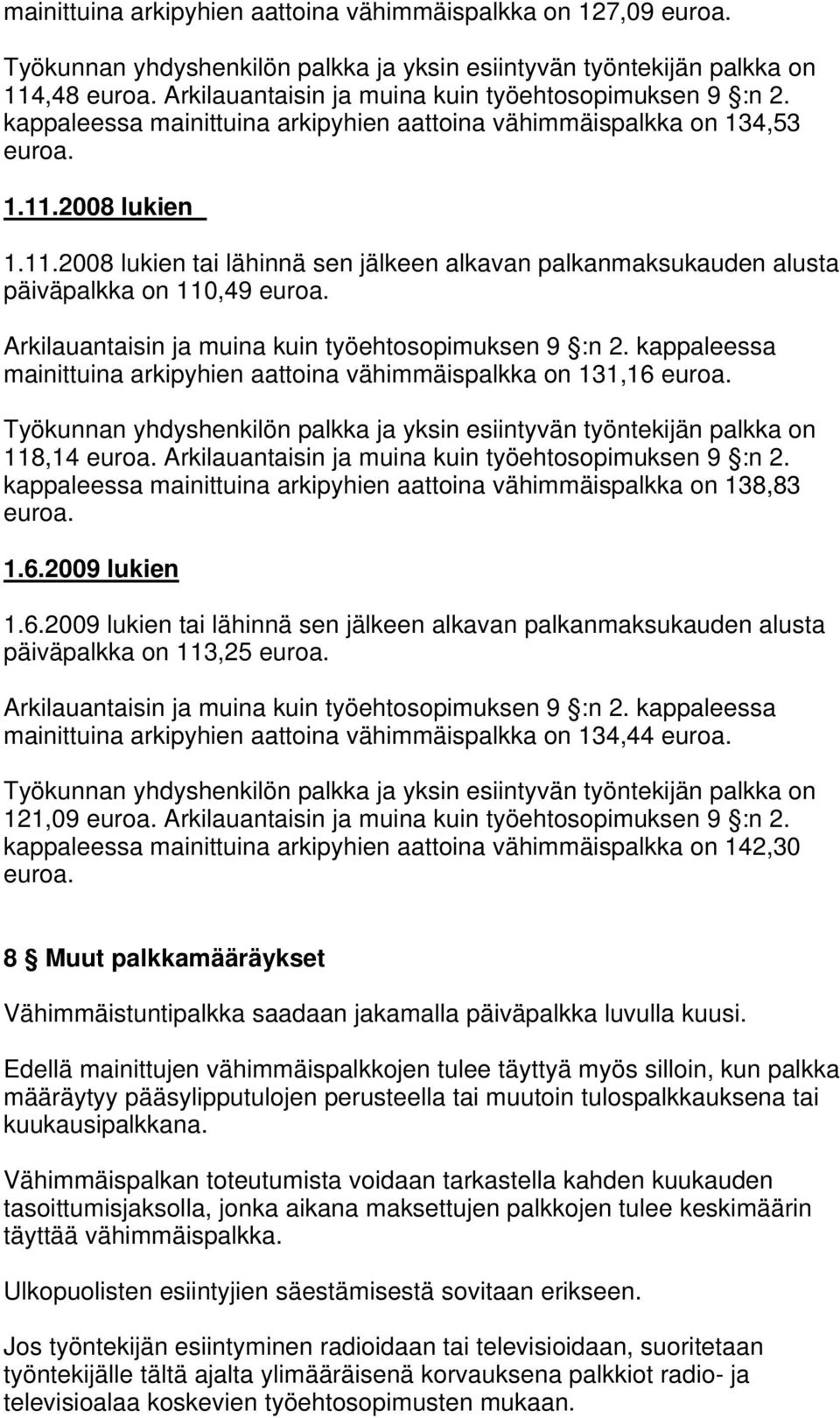 2008 lukien 1.11.2008 lukien tai lähinnä sen jälkeen alkavan palkanmaksukauden alusta päiväpalkka on 110,49 euroa. Arkilauantaisin ja muina kuin työehtosopimuksen 9 :n 2.