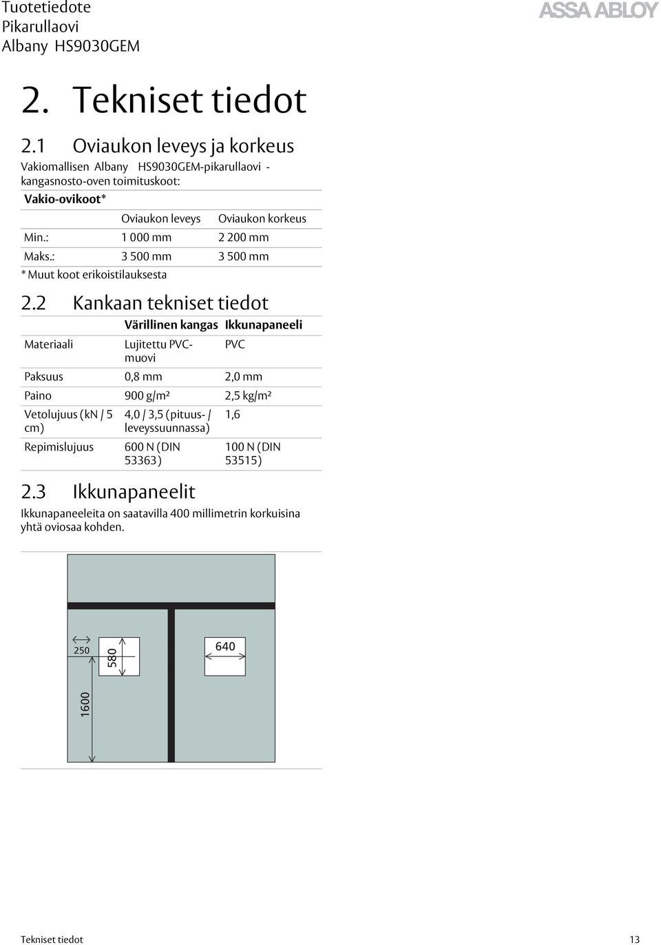 : 1 000 mm 2 200 mm Maks.: 3500 mm 3500 mm * Muut koot erikoistilauksesta 2.