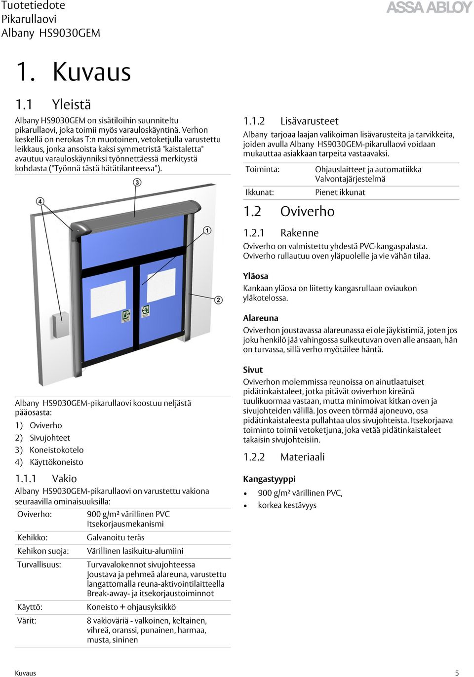hätätilanteessa"). 1.1.2 Lisävarusteet Albany tarjoaa laajan valikoiman lisävarusteita ja tarvikkeita, joiden avulla -pikarullaovi voidaan mukauttaa asiakkaan tarpeita vastaavaksi.