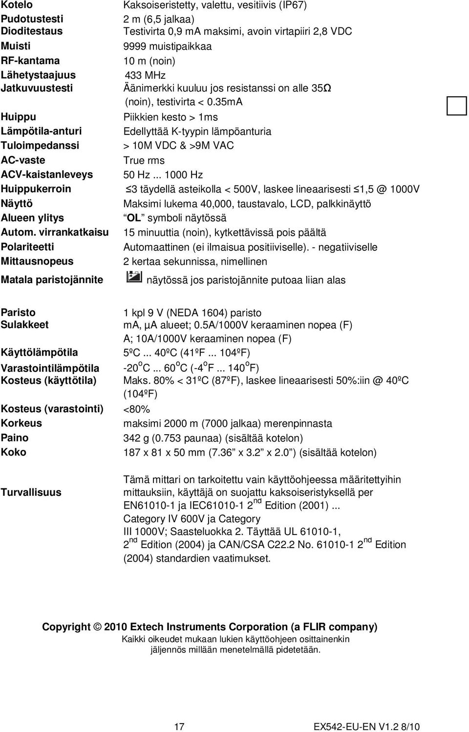 35mA Huippu Piikkien kesto > 1ms Lämpötila-anturi Edellyttää K-tyypin lämpöanturia Tuloimpedanssi > 10M VDC & >9M VAC AC-vaste True rms ACV-kaistanleveys 50 Hz.