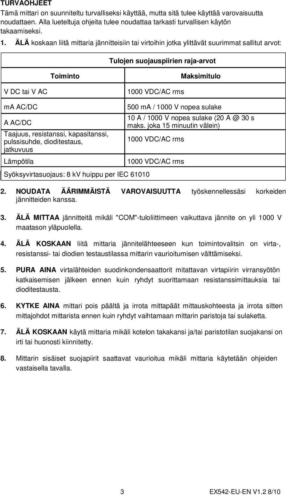 jatkuvuus Lämpötila Syöksyvirtasuojaus: 8 kv huippu per IEC 61010 Tulojen suojauspiirien raja-arvot 1000 VDC/AC rms Maksimitulo 500 ma / 1000 V nopea sulake 10 A / 1000 V nopea sulake (20 A @ 30 s