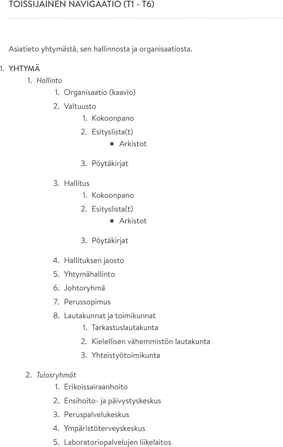 Yhtymähallinto 6. Johtoryhmä 7. Perussopimus 8. Lautakunnat ja toimikunnat 1. Tarkastuslautakunta 2. Kielellisen vähemmistön lautakunta 3.