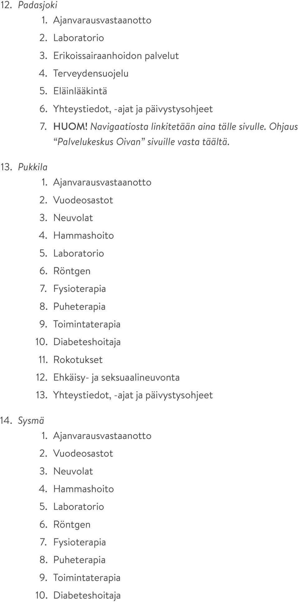 Laboratorio 6. Röntgen 7. Fysioterapia 8. Puheterapia 9. Toimintaterapia 10. Diabeteshoitaja 11. Rokotukset 12. Ehkäisy- ja seksuaalineuvonta 13.