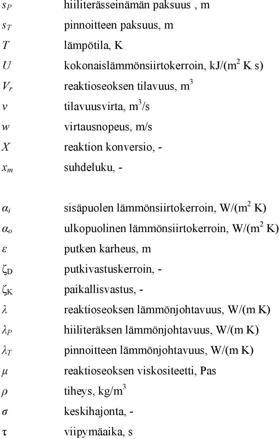 lämmönsiirtokerroin, W/(m 2 K) ε putken karheus, m ζ D putkivastuskerroin, - ζ K paikallisvastus, - λ reaktioseoksen lämmönjohtavuus, W/(m K) λ P