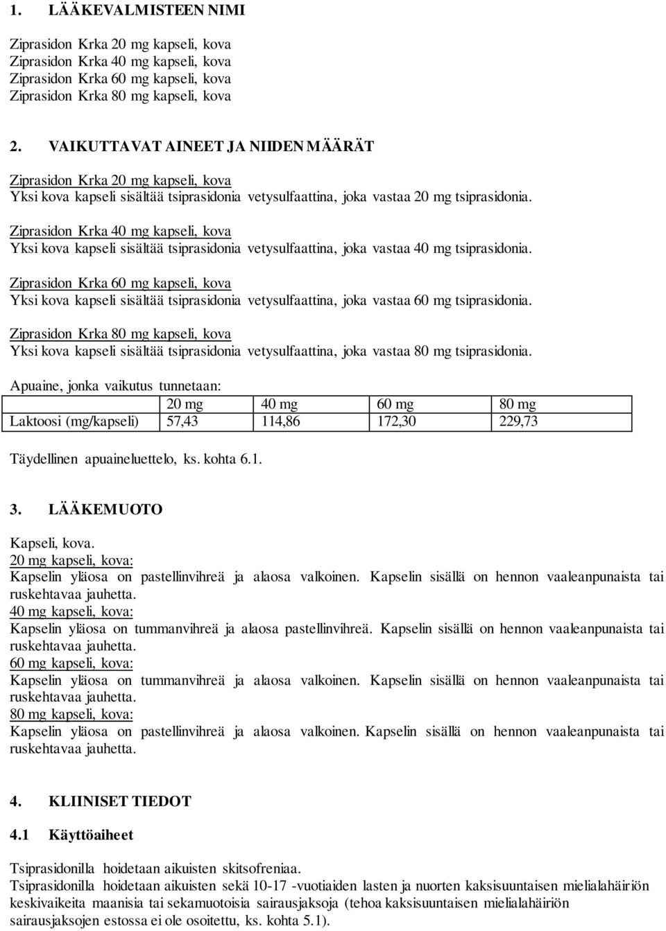 Ziprasidon Krka 40 mg kapseli, kova Yksi kova kapseli sisältää tsiprasidonia vetysulfaattina, joka vastaa 40 mg tsiprasidonia.