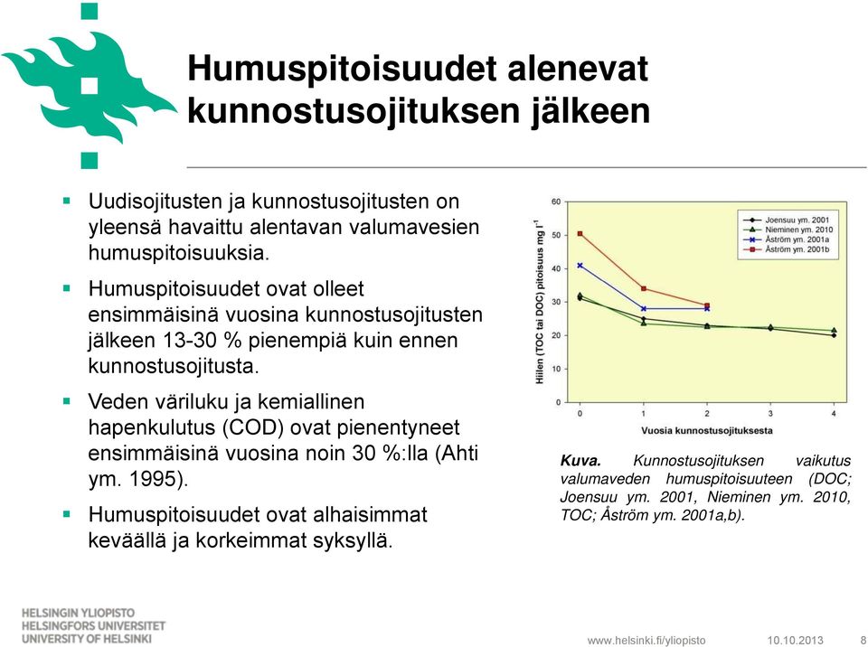 Veden väriluku ja kemiallinen hapenkulutus (COD) ovat pienentyneet ensimmäisinä vuosina noin 30 %:lla (Ahti ym. 1995).