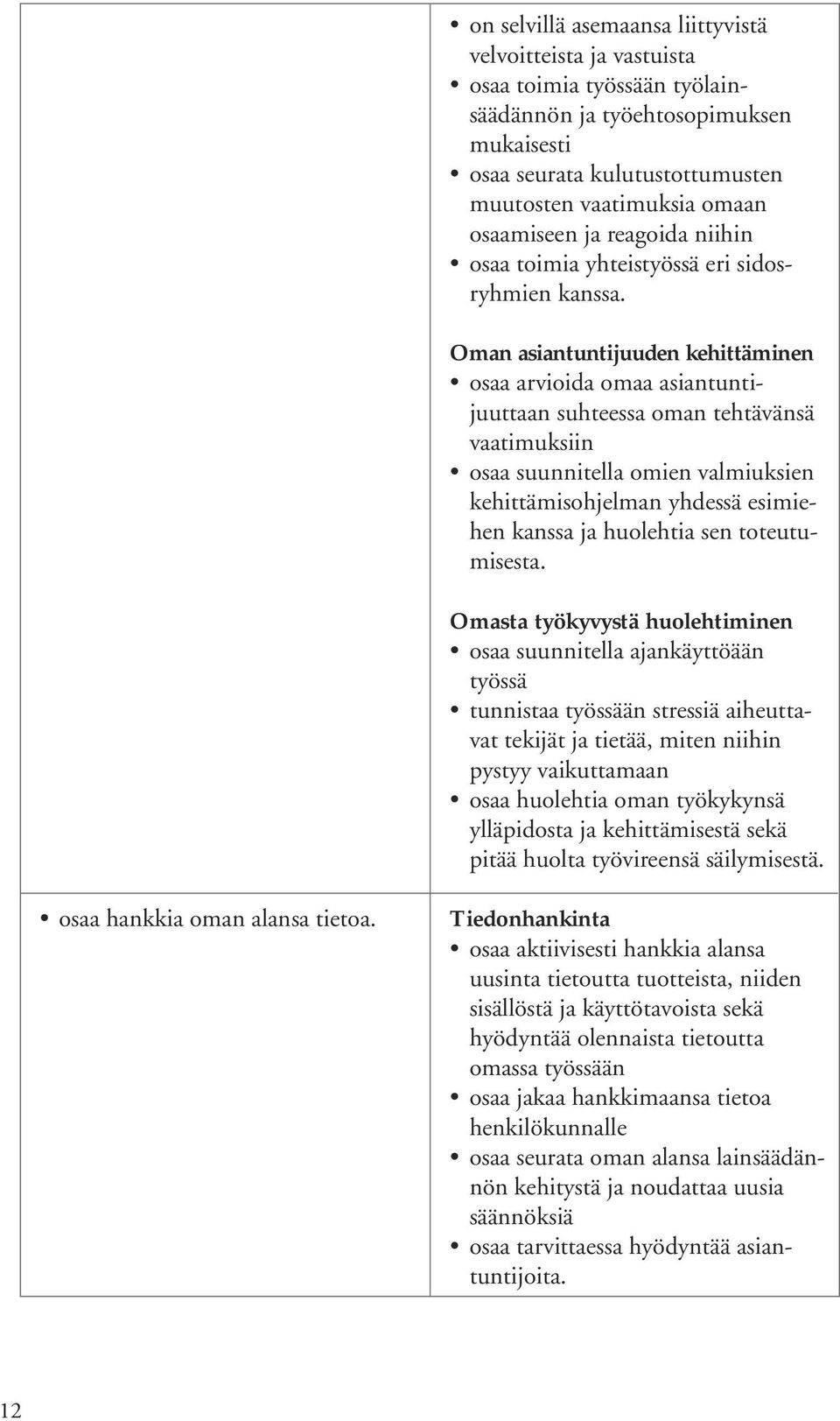 Oman asiantuntijuuden kehittäminen osaa arvioida omaa asiantuntijuuttaan suhteessa oman tehtävänsä vaatimuksiin osaa suunnitella omien valmiuksien kehittämisohjelman yhdessä esimiehen kanssa ja