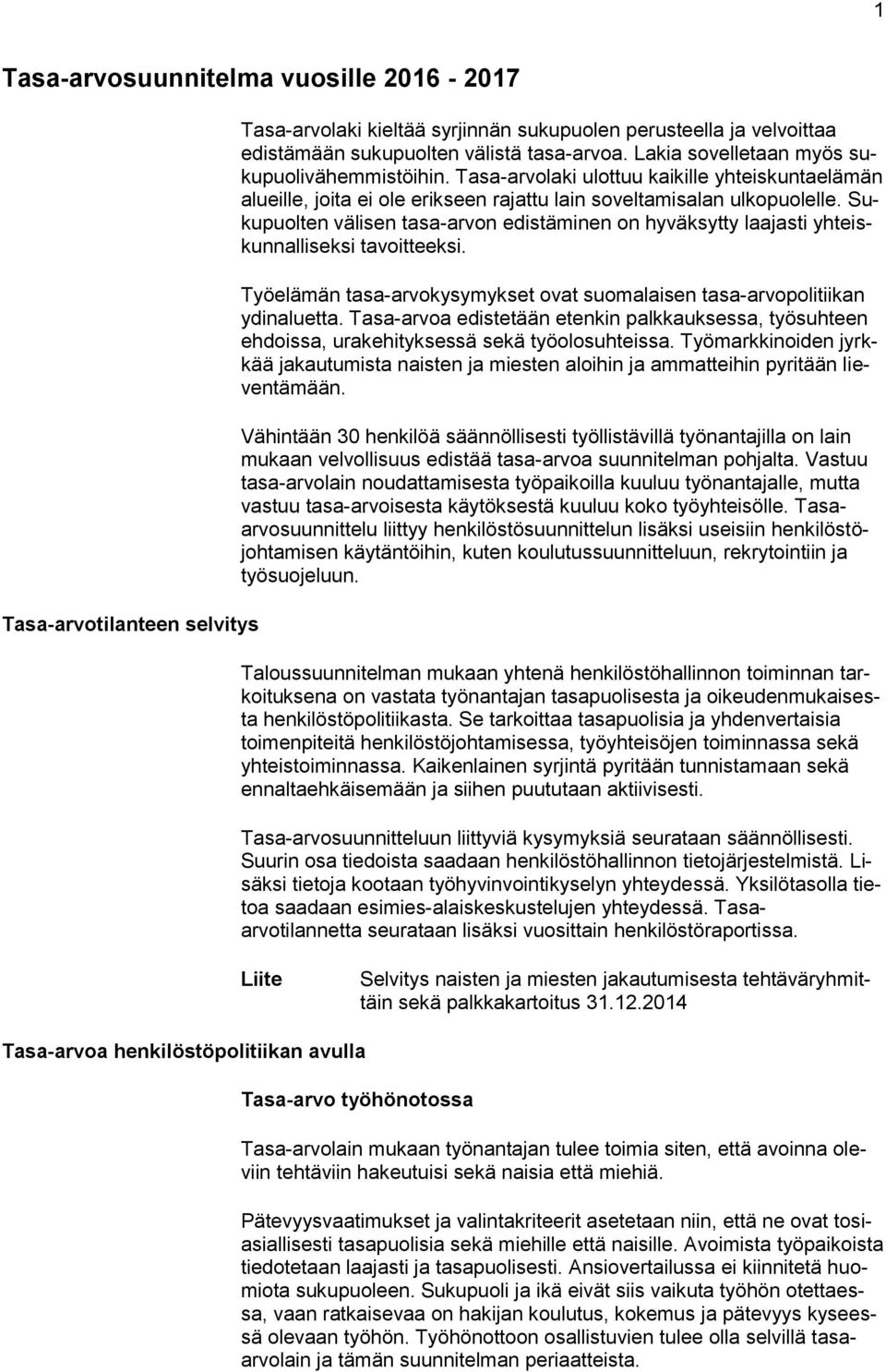 Sukupuolten välisen tasa-arvon edistäminen on hyväksytty laajasti yhteiskunnalliseksi tavoitteeksi. Työelämän tasa-arvokysymykset ovat suomalaisen tasa-arvopolitiikan ydinaluetta.