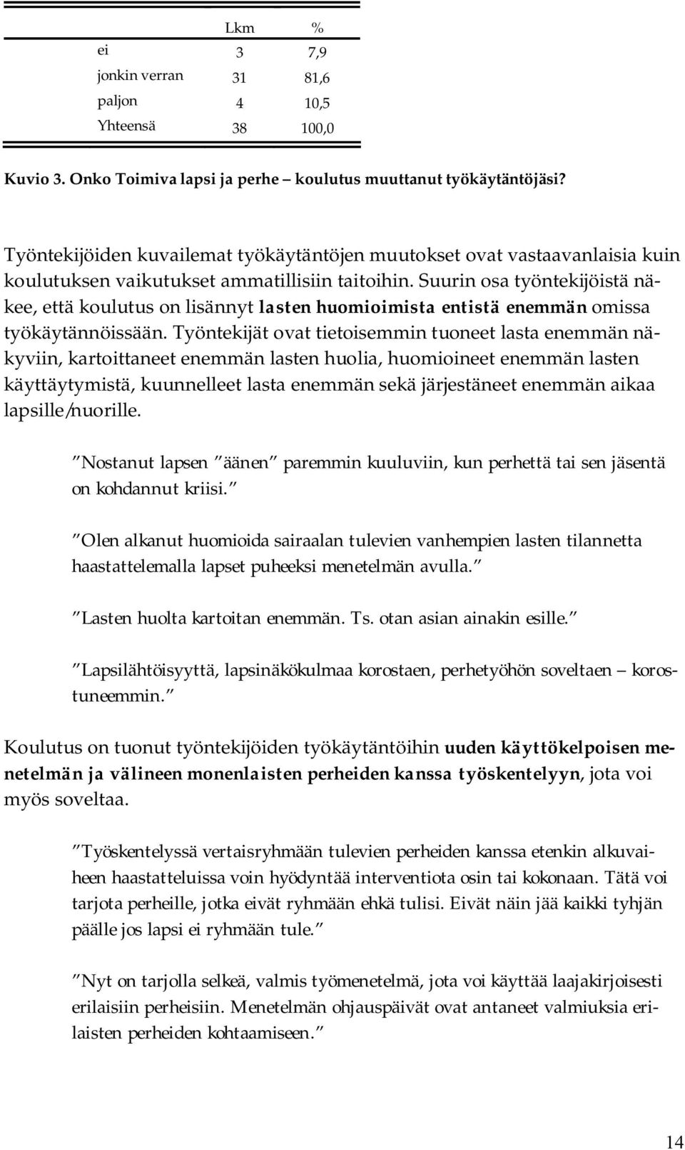 Suurin osa työntekijöistä näkee, että koulutus on lisännyt lasten huomioimista entistä enemmän omissa työkäytännöissään.