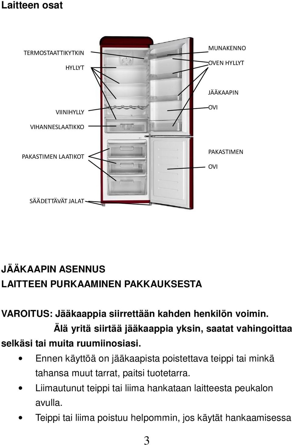 Älä yritä siirtää jääkaappia yksin, saatat vahingoittaa selkäsi tai muita ruumiinosiasi.