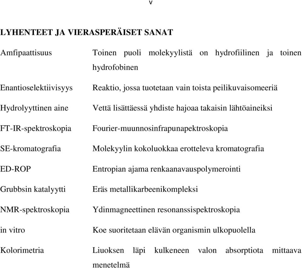 yhdiste hajoaa takaisin lähtöaineiksi Fourier-muunnosinfrapunapektroskopia Molekyylin kokoluokkaa erotteleva kromatografia Entropian ajama renkaanavauspolymerointi Eräs