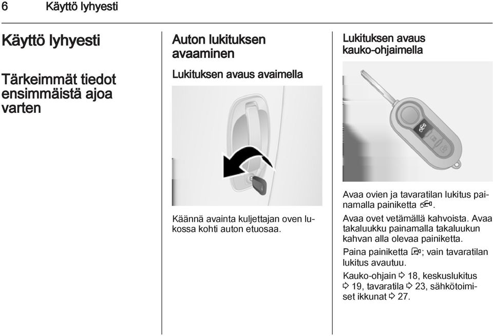 Avaa ovien ja tavaratilan lukitus painamalla painiketta Ä. Avaa ovet vetämällä kahvoista.