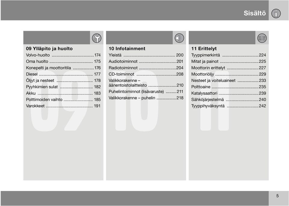 ..208 Valikkorakenne äänentoistolaitteisto...210 Puhelintoiminnot (lisävaruste)...211 Valikkorakenne puhelin...218 11 Erittelyt Tyyppimerkintä.