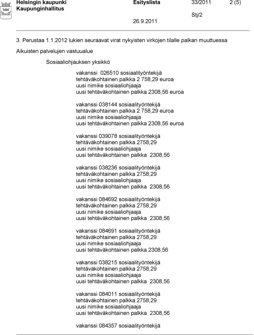 1.2012 lukien seuraavat virat nykyisten virkojen tilalle palkan muuttuessa Sosiaaliohjauksen yksikkö vakanssi 026510
