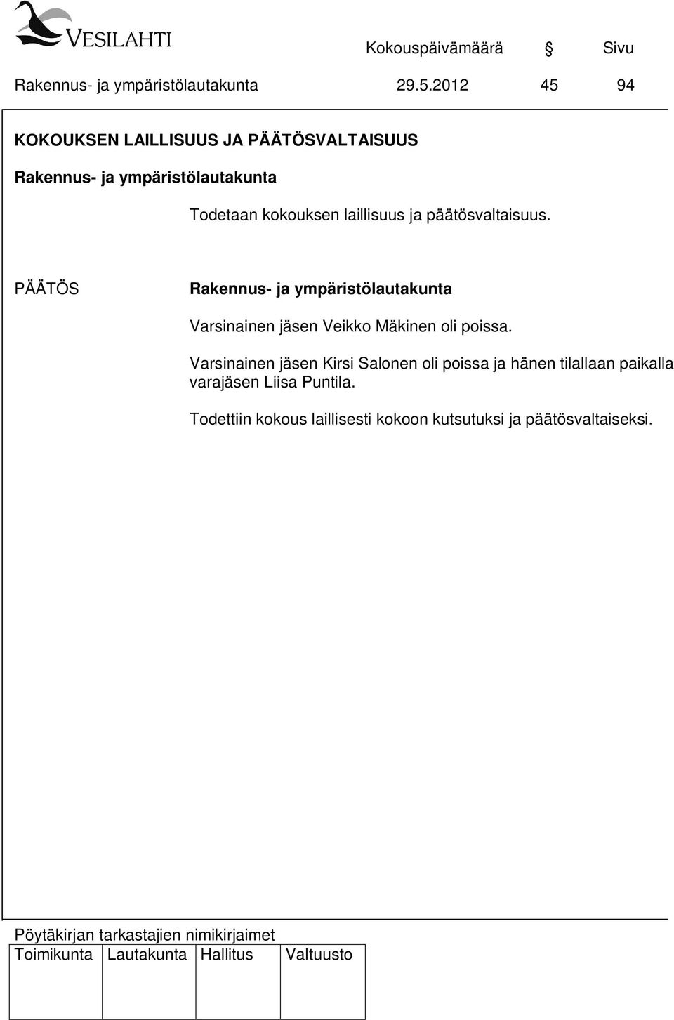 PÄÄTÖS Varsinainen jäsen Veikko Mäkinen oli poissa.