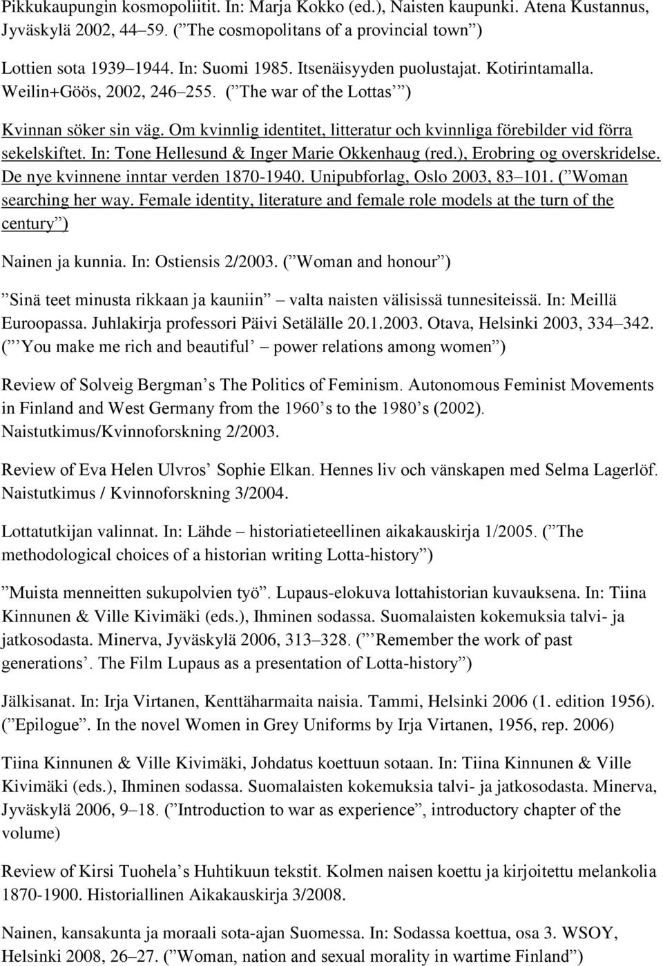 Om kvinnlig identitet, litteratur och kvinnliga förebilder vid förra sekelskiftet. In: Tone Hellesund & Inger Marie Okkenhaug (red.), Erobring og overskridelse.