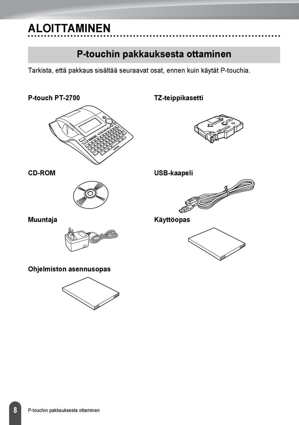 P-touch PT-00 TZ-teippikasetti CD-ROM USB-kaapeli Muuntaja