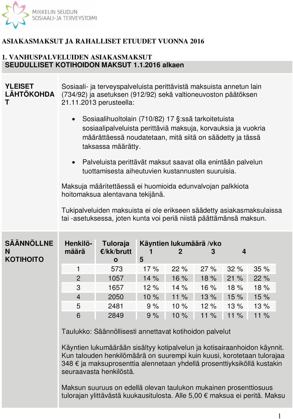 11.2013 perusteella: Sosiaalihuoltolain (710/82) 17 :ssä tarkoitetuista sosiaalipalveluista perittäviä maksuja, korvauksia ja vuokria määrättäessä noudatetaan, mitä siitä on säädetty ja tässä