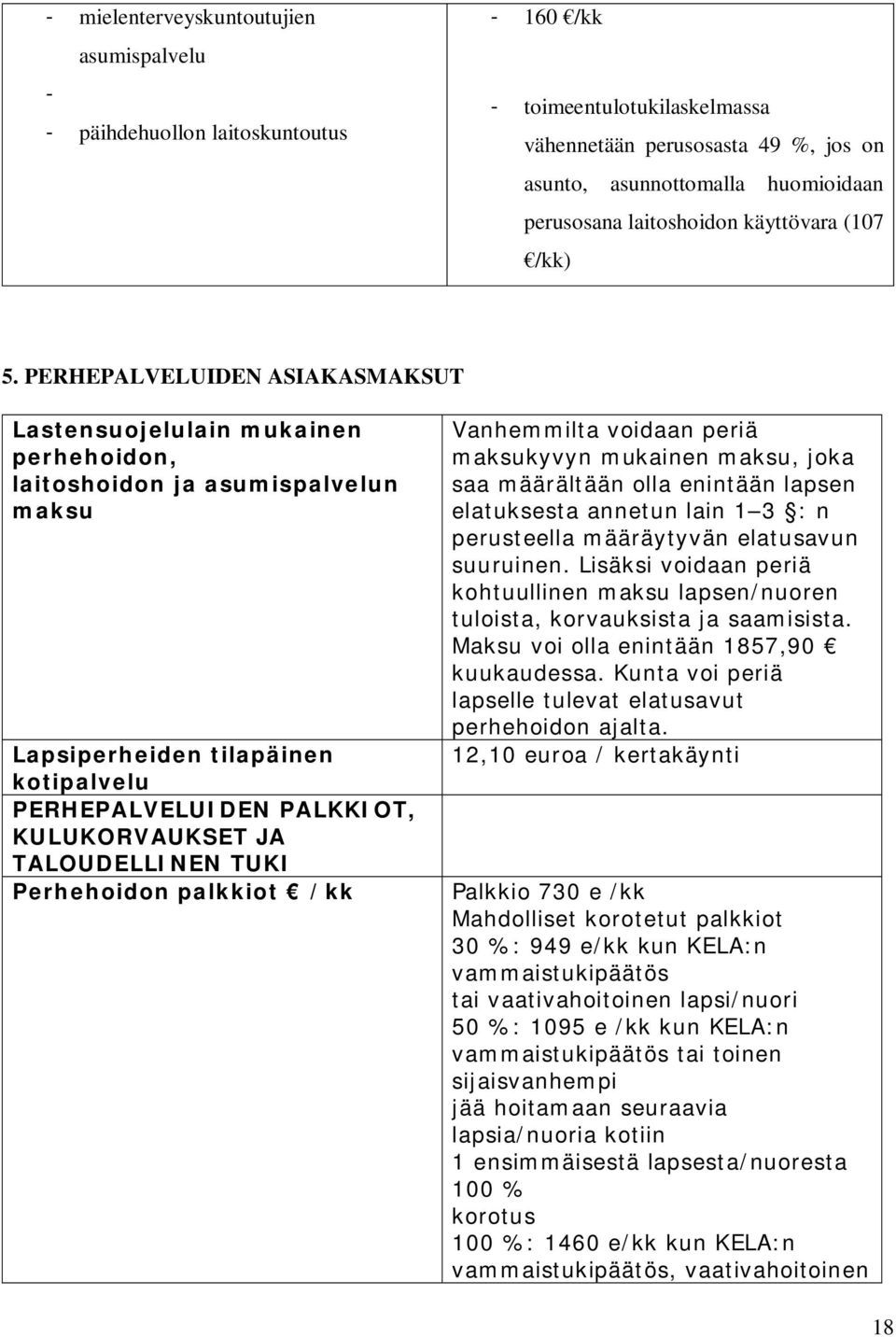 PERHEPALVELUIDEN ASIAKASMAKSUT Lastensuojelulain mukainen perhehoidon, laitoshoidon ja asumispalvelun maksu Lapsiperheiden tilapäinen kotipalvelu PERHEPALVELUIDEN PALKKIOT, KULUKORVAUKSET JA