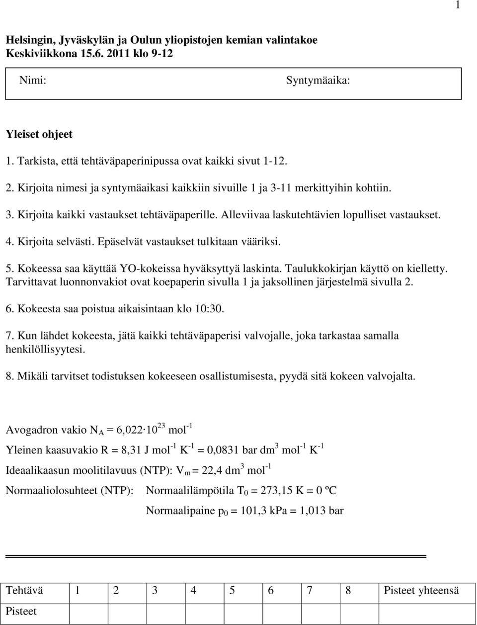 Kokeessa saa käyttää YO-kokeissa hyväksyttyä laskinta. Taulukkokirjan käyttö on kielletty. Tarvittavat luonnonvakiot ovat koepaperin sivulla 1 ja jaksollinen järjestelmä sivulla 2. 6.