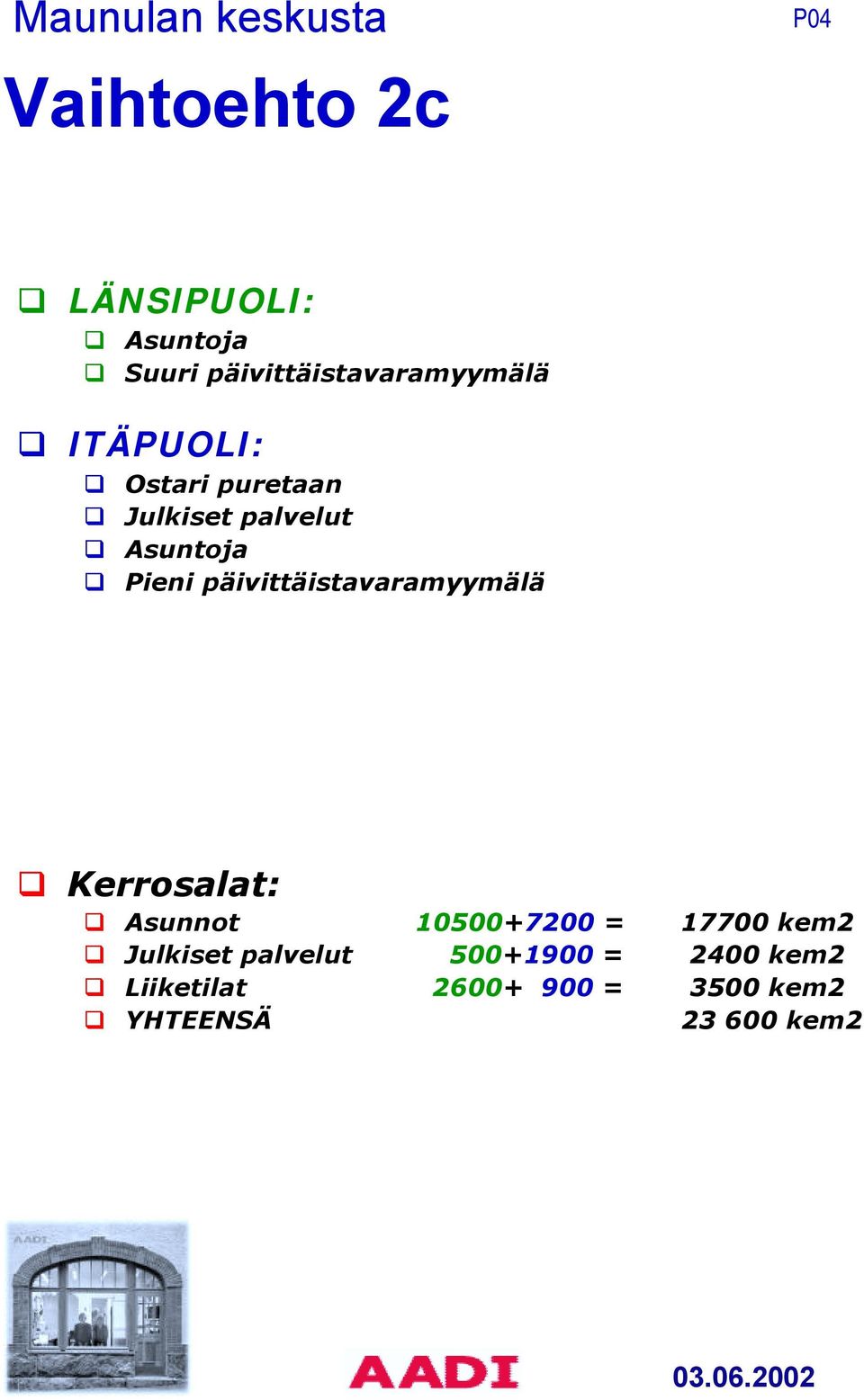 Pieni päivittäistavaramyymälä! Kerrosalat:! Asunnot 10500+7200 = 17700 kem2!