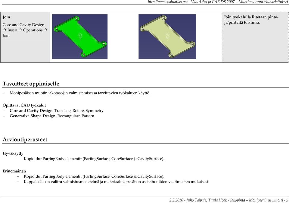 Opittavat CAD työkalut : Translate, Rotate, Symmetry Generative Shape Design: Rectangularn Pattern Arviontiperusteet Hyväksytty Kopioidut PartingBody elementit