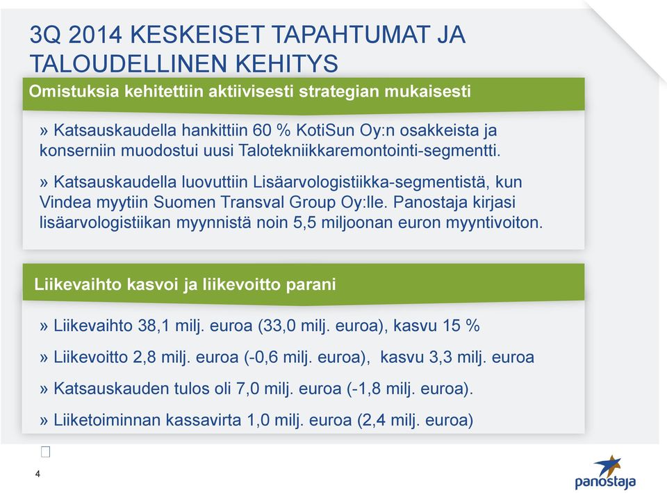 Panostaja kirjasi lisäarvologistiikan myynnistä noin 5,5 miljoonan euron myyntivoiton. Liikevaihto kasvoi ja liikevoitto parani» Liikevaihto 38,1 milj. euroa (33,0 milj.