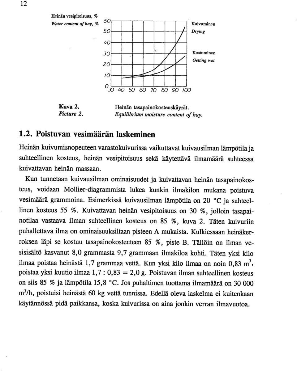 Poistuvan vesimäärän laskeminen Heinän kuivumisnopeuteen varastokuivurissa vaikuttavat kuivausilman lämpötila ja suhteellinen kosteus, heinän vesipitoisuus sekä käytettävä ilmamäärä suhteessa