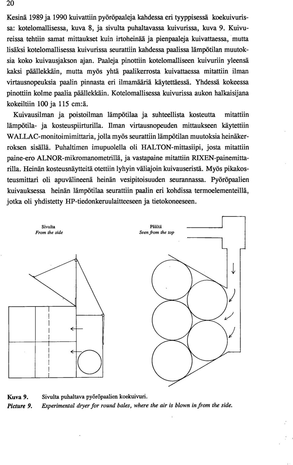 Paaleja pinottiin kotelomalliseen kuivuriin yleensä kaksi päällekkäin, mutta myös yhtä paalikerrosta kuivattaessa mitattiin ilman virtausnopeuksia paalin pinnasta eri ilmamääriä käytettäessä.