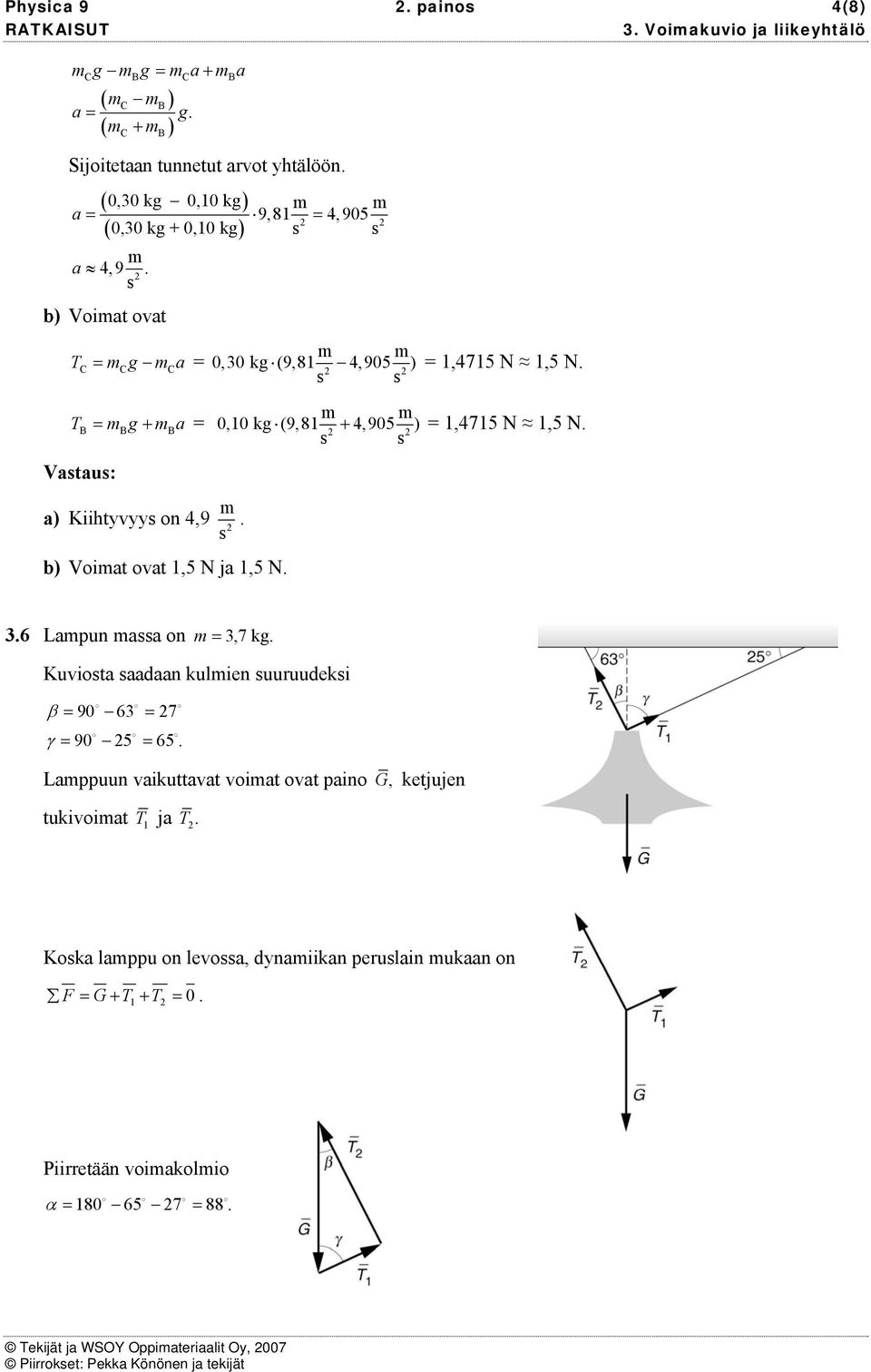 Vatau: a) Kiihtyvyy on 4,9. b) Voiat ovat,5 N ja,5 N. 3.6 Lapun aa on 3,7 kg. Kuviota aadaan kulien uuruudeki β 90 63 7 γ 90 5 65.