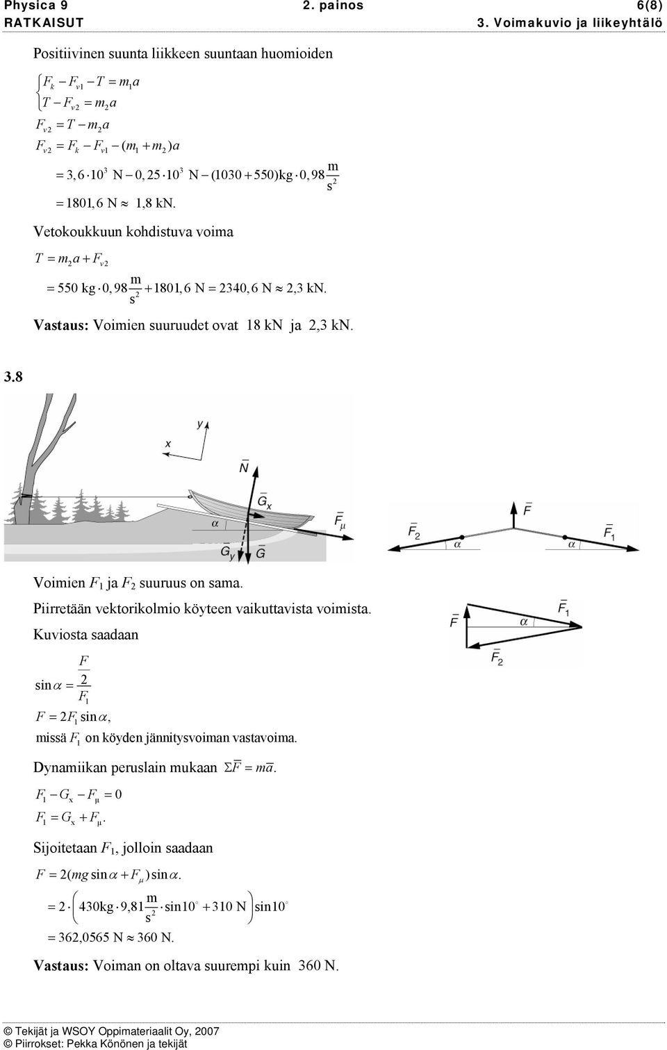 Vetokoukkuun kohdituva voia T a v 550 kg 0,98 80,6 N 340,6 N,3 kn. Vatau: Voiien uuruudet ovat 8 kn ja,3 kn. 3.8 Voiien ja uuruu on aa.