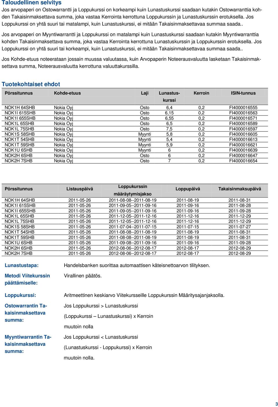 . Jos arvopaperi on Myyntiwarrantti ja Loppukurssi on matalampi kuin Lunastuskurssi saadaan kutakin Myyntiwarranttia kohden Takaisinmaksettava summa, joka vastaa Kerrointa kerrottuna Lunastuskurssin