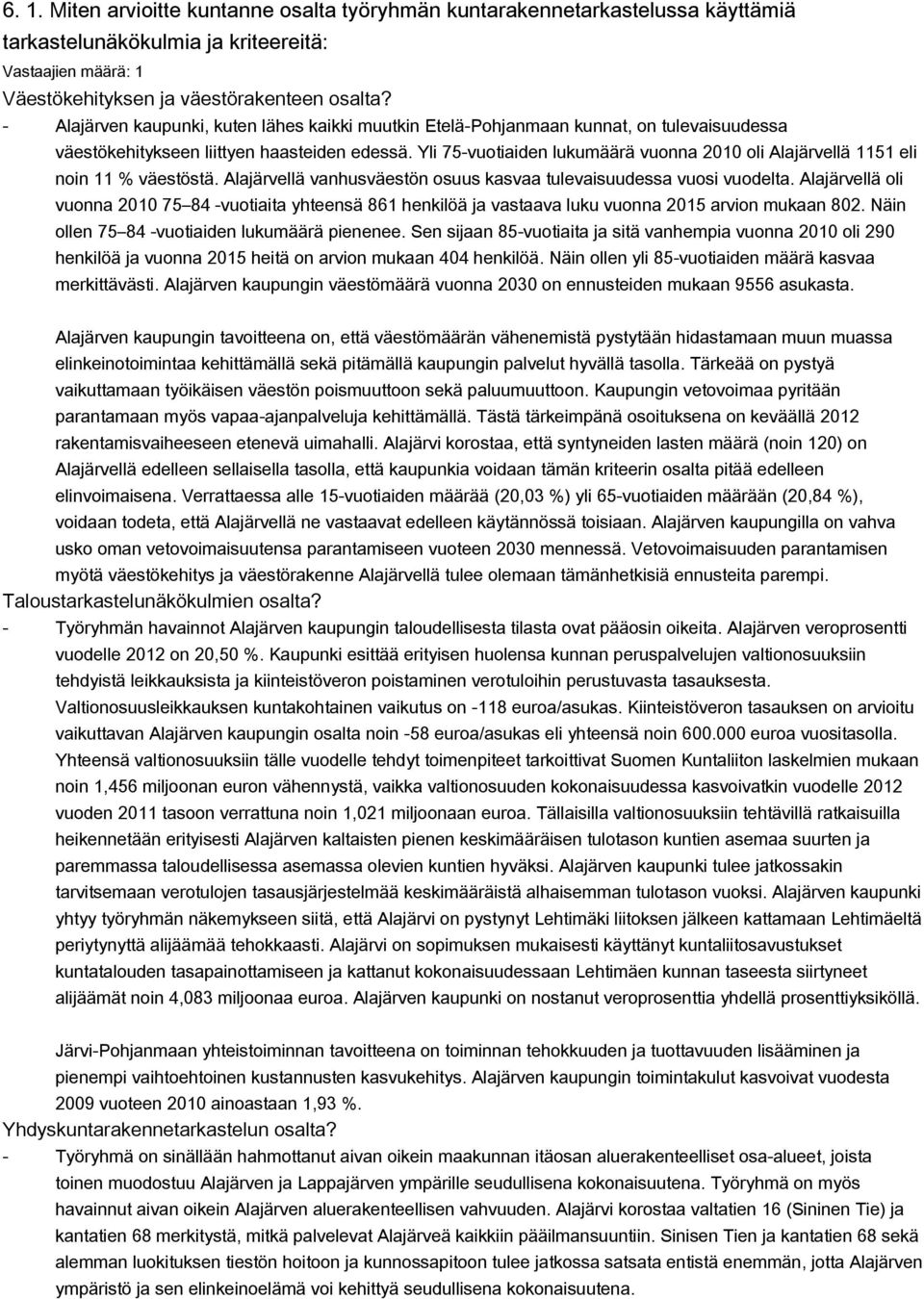Yli 75-vuotiaiden lukumäärä vuonna 2010 oli Alajärvellä 1151 eli noin 11 % väestöstä. Alajärvellä vanhusväestön osuus kasvaa tulevaisuudessa vuosi vuodelta.