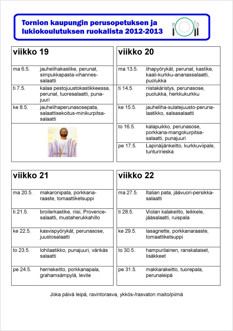 5. Italian pata, jäävuori-persikka ti 21.5. broilerkastike, riisi, Provence, ti 28.5. jää, ruispala ke 22.5. juusto ke 29.5. to 23.