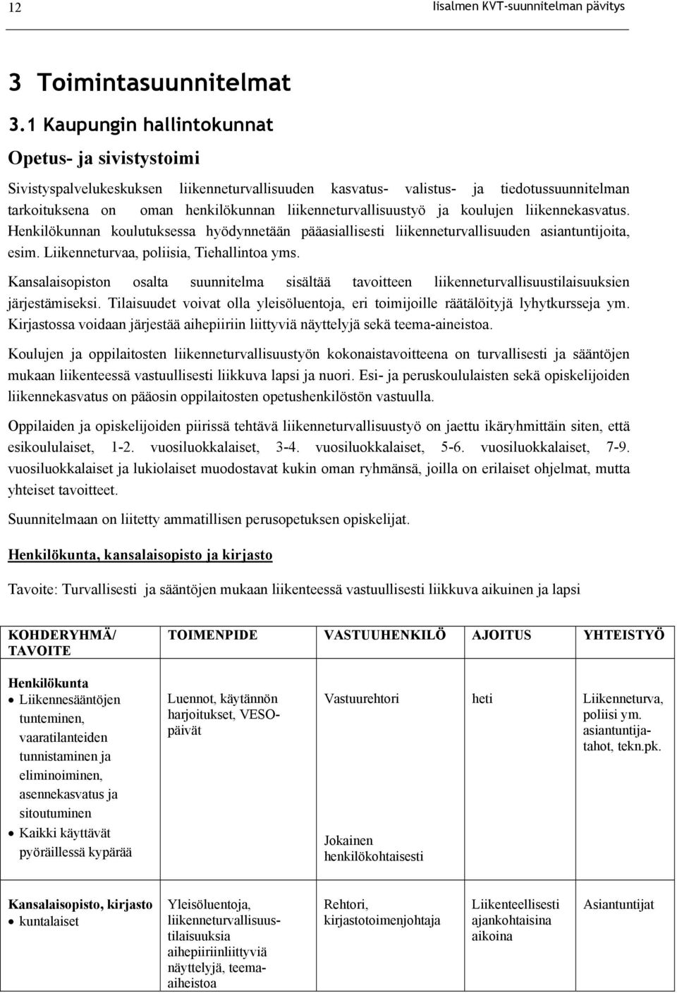 liikenneturvallisuustyö ja koulujen liikennekasvatus. Henkilökunnan koulutuksessa hyödynnetään pääasiallisesti liikenneturvallisuuden asiantuntijoita, esim. a, poliisia, Tiehallintoa yms.