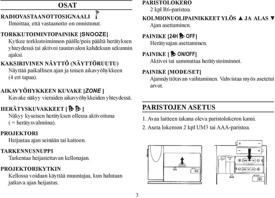 KAKSIRIVINEN NÄYTTÖ (NÄYTTÖRUUTU) Näyttää paikallisen ajan ja toisen aikavyöhykkeen (4 eri tapaa). AIKAVYÖHYKKEEN KUVAKE [ZONE ] Kuvake näkyy vieraiden aikavyöhykkeiden yhteydessä.