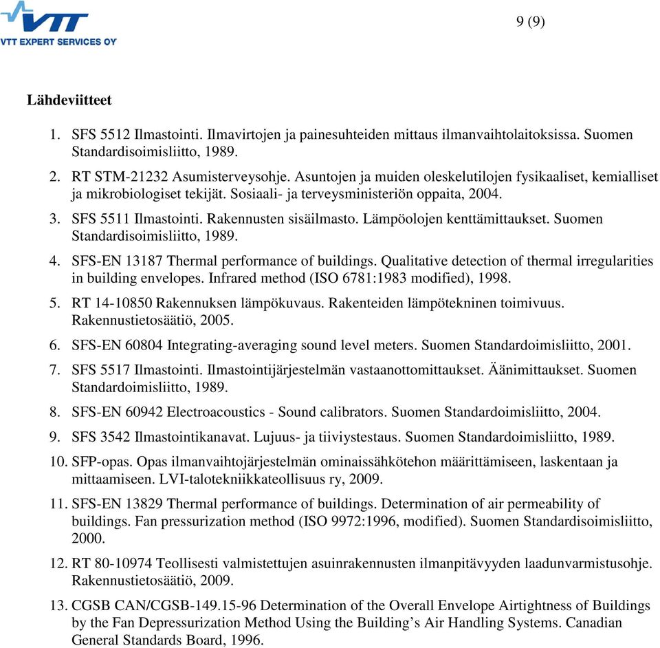 Lämpöolojen kenttämittaukset. Suomen Standardisoimisliitto, 1989. 4. SFS-EN 13187 Thermal performance of buildings. Qualitative detection of thermal irregularities in building envelopes.