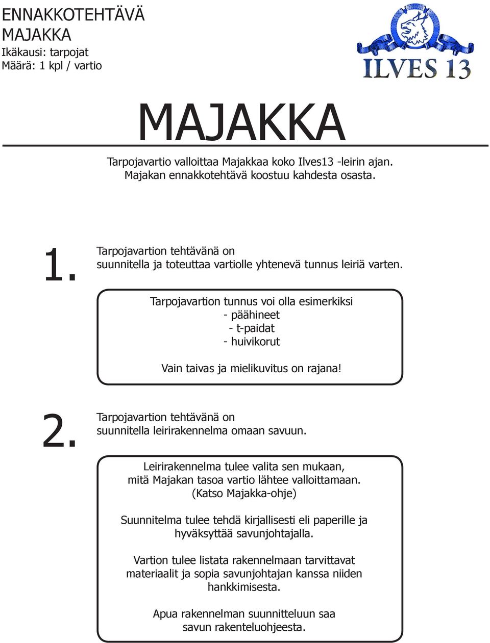 Leirirakennelma tulee valita sen mukaan, mitä Majakan tasoa vartio lähtee valloittamaan. (Katso Majakka-ohje) Suunnitelma tulee tehdä kirjallisesti eli paperille ja hyväksyttää savunjohtajalla.