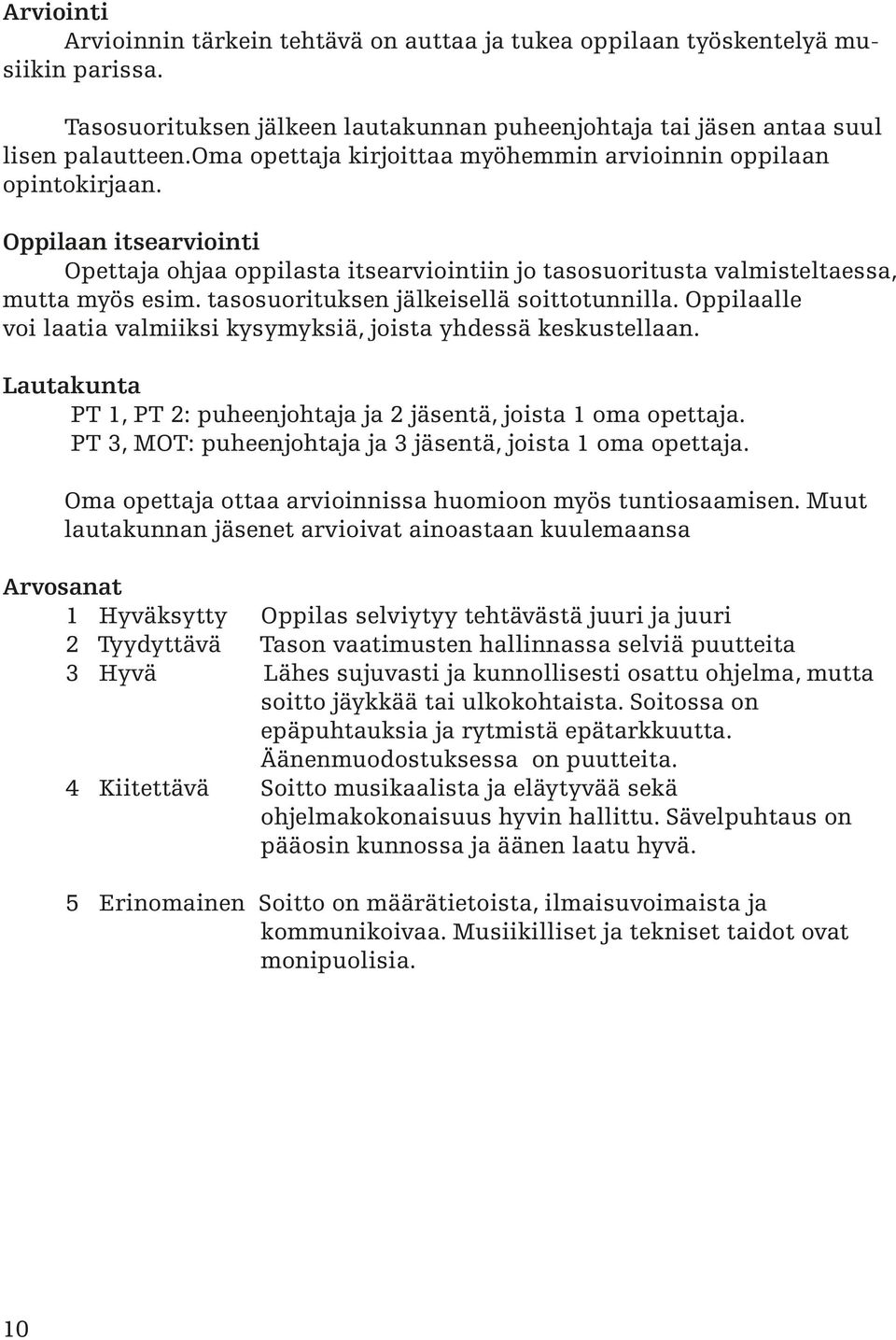 tasosuorituksen jälkeisellä soittotunnilla. Oppilaalle voi laatia valmiiksi kysymyksiä, joista yhdessä keskustellaan. Lautakunta PT 1, PT 2: puheenjohtaja ja 2 jäsentä, joista 1 oma opettaja.