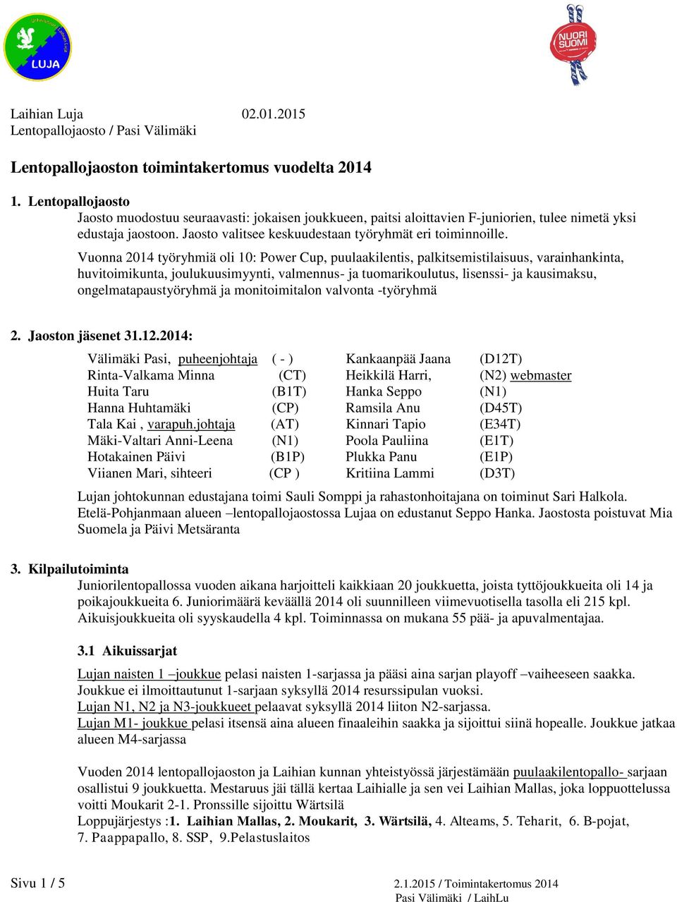 Vuonna 2014 työryhmiä oli 10: Power Cup, puulaakilentis, palkitsemistilaisuus, varainhankinta, huvitoimikunta, joulukuusimyynti, valmennus- ja tuomarikoulutus, lisenssi- ja kausimaksu,