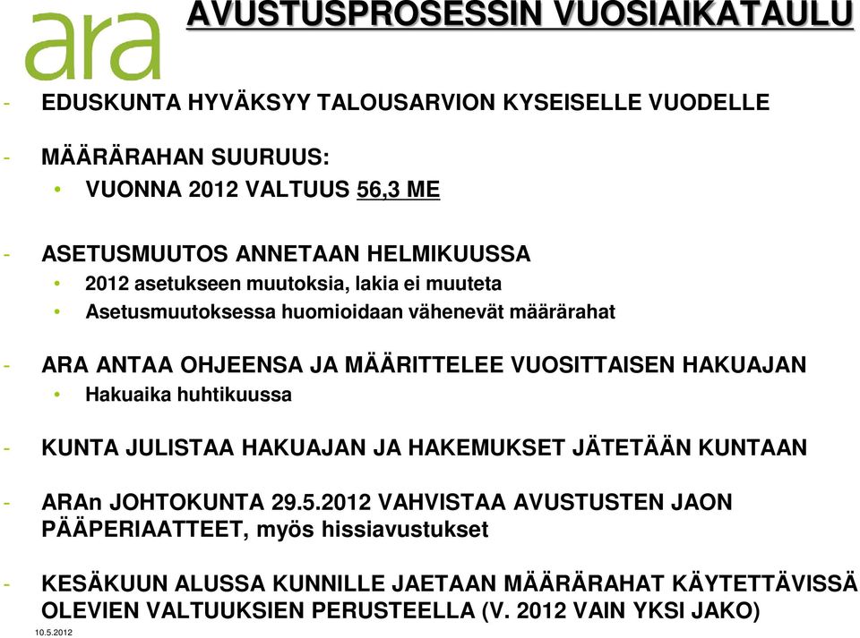 VUOSITTAISEN HAKUAJAN Hakuaika huhtikuussa - KUNTA JULISTAA HAKUAJAN JA HAKEMUKSET JÄTETÄÄN KUNTAAN - ARAn JOHTOKUNTA 29.5.