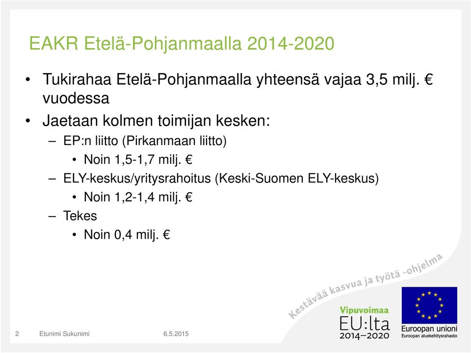 vuodessa Jaetaan kolmen toimijan kesken: EP:n liitto (Pirkanmaan