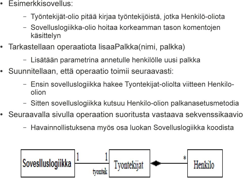 operaatio toimii seuraavasti: Ensin sovelluslogiikka hakee Tyontekijat-oliolta viitteen Henkiloolion Sitten sovelluslogiikka kutsuu