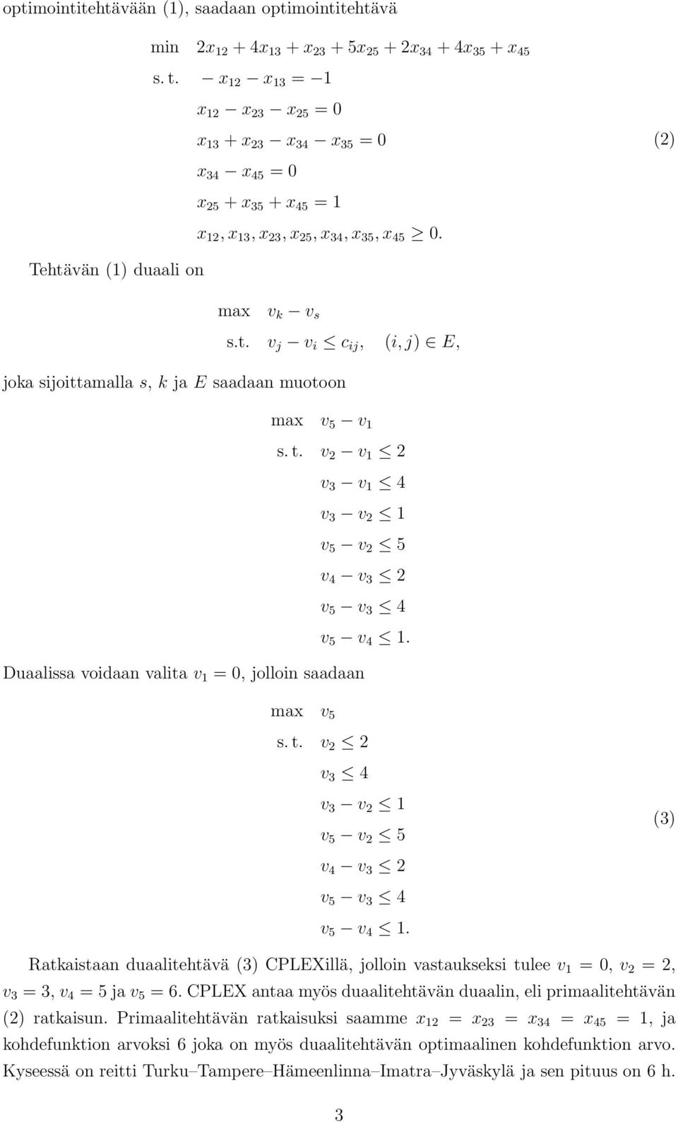 vän (1) duaali on max v k v s s.t. v j v i c ij, (i, j) E, joka sijoittamalla s, k ja E saadaan muotoon max v 5 v 1 s. t. v 2 v 1 2 v 3 v 1 4 v 3 v 2 1 v 5 v 2 5 v 4 v 3 2 v 5 v 3 4 v 5 v 4 1.