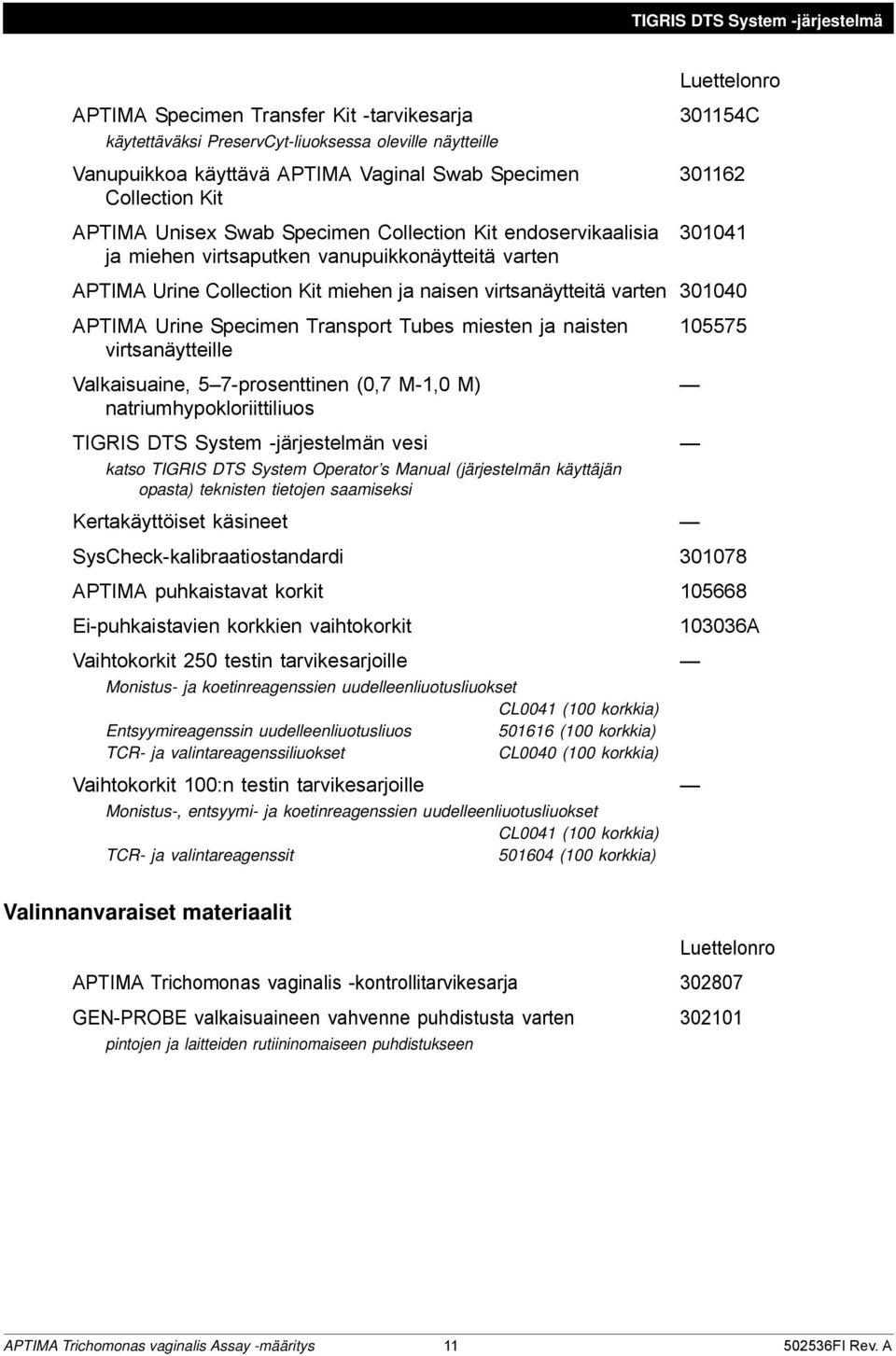 varten 301040 APTIMA Urine Specimen Transport Tubes miesten ja naisten 105575 virtsanäytteille Valkaisuaine, 5 7-prosenttinen (0,7 M-1,0 M) natriumhypokloriittiliuos TIGRIS DTS System -järjestelmän