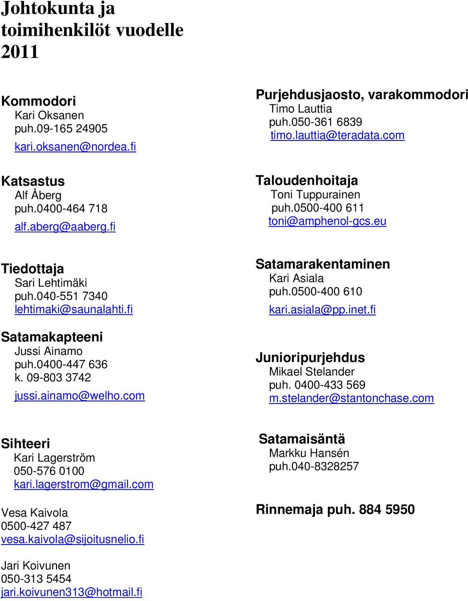 040-551 7340 lehtimaki@saunalahti.fi Satamakapteeni Jussi Ainamo puh.0400-447 636 k. 09-803 3742 jussi.ainamo@welho.com Satamarakentaminen Kari Asiala puh.0500-400 610 kari.asiala@pp.inet.