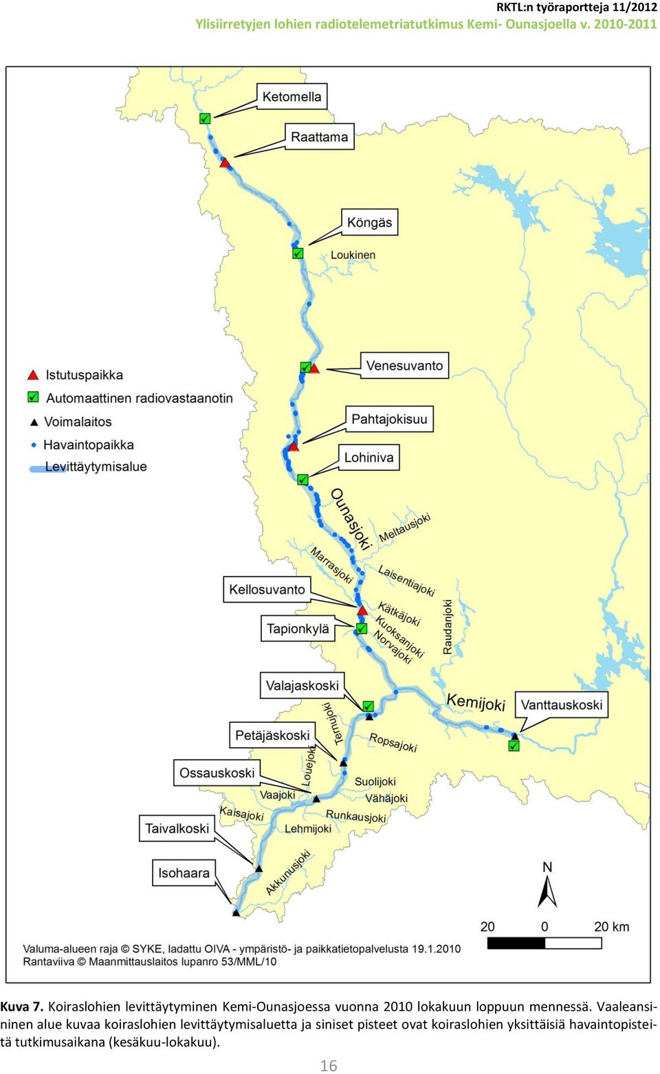 Koiraslohien levittäytyminen Kemi-Ounasjoessa vuonna 2010 lokakuun loppuun