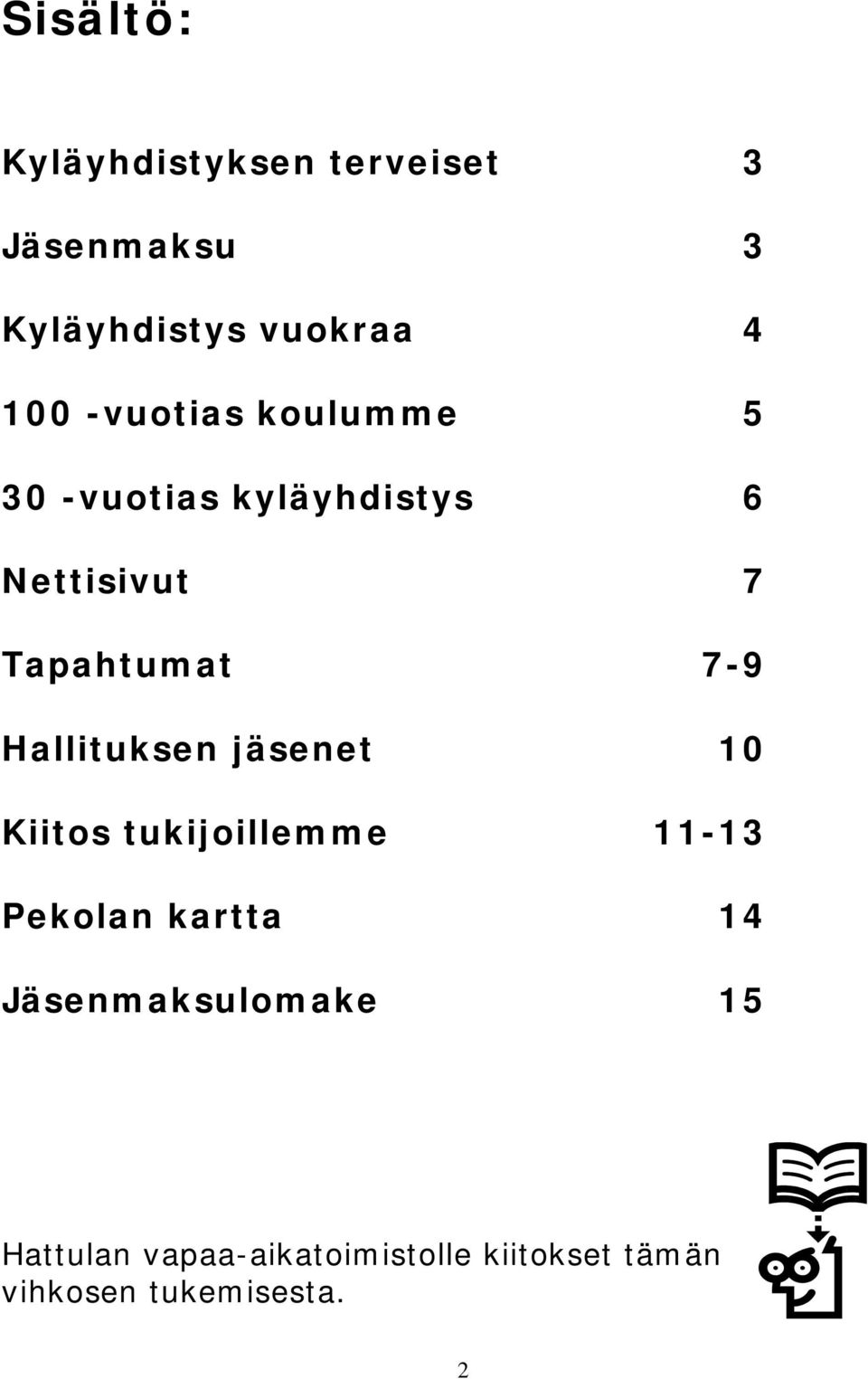 Hallituksen jäsenet 10 Kiitos tukijoillemme 11-13 Pekolan kartta 14